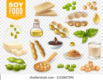 Set of beans with plant leaves and soy food products isolated on transparent background vector illustration