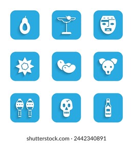 Set Beans, Skull, Tabasco sauce, Dog, Maracas, Sun, Aztec mask and Avocado icon. Vector
