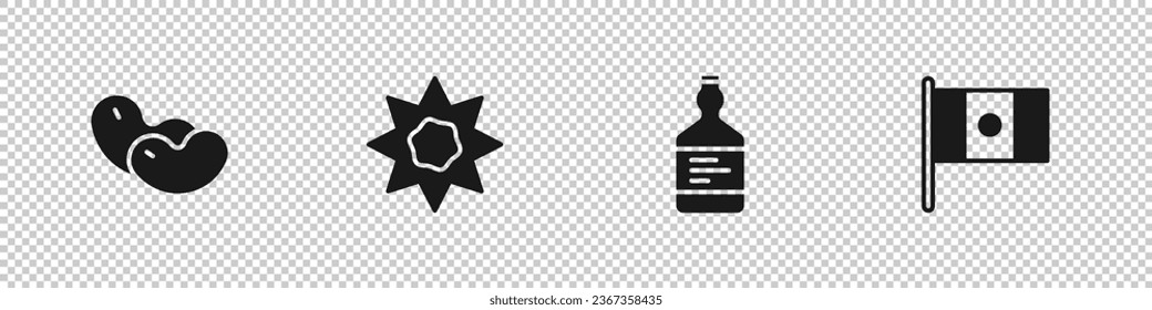 Set Beans, Sun, Tequila bottle and Mexico flag icon. Vector