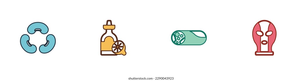 Set Beans, Tequila bottle with lemon, Burrito and Mexican wrestler icon. Vector