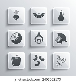 Set Beans, Tomato, Lemon, Onion, Apple, Orange fruit, Beet and Pear icon. Vector