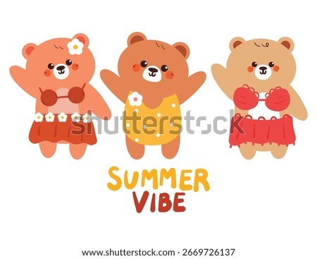set of bear cartoon drawing with summer outfit sticker. cute animal cartoon for summer sticker, icon