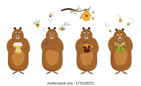 Set of bear character with different emotions, honey jar, beehive and flying bees. Concept vector illustration