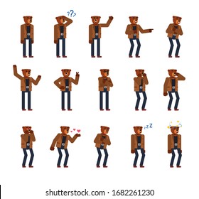 Set of bear characters in brown jacket and dark pants showing various emotions. Bear laughing, thinking, crying, tired, sleeping and showing other expressions. Flat design vector illustration