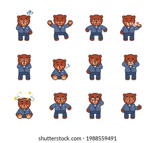 Set of bear characters in business suit showing various emotions. Cute bear laughing, crying, in love, sleeping, angry and showing other expressions. Vector illustration