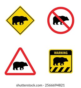 Set of bear crossing traffic sign. Vector illustration of yellow triangle warning sign and white cirle warning sign with deer icon inside. Wild forest animals likely to be in road ahead. Caution bear.