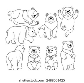 Set of bear doodle collection, bear outline coloring page or book animals for kindergarten, Vector line art set of animals wildlife, Hand drawn, Minimal bear line art doodle in different pose.