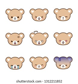 Set of Bear emoticons with different expressions. Emoji faces. Simple cartoon vector illustration