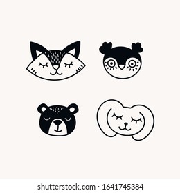 
Set of bear, fox, hare, owl in scandinavian style. Vector illustration. Cute forest animals. Suitable for printing, textiles, etc.