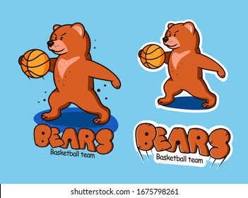 Da gracia al oso, logotipo. Logo y emblema de los animales deportivos. Caracol de oso pardo con bola. Banda de básquetbol, pegatina, etiqueta sobre fondo azul aislado. Ilustración del vector