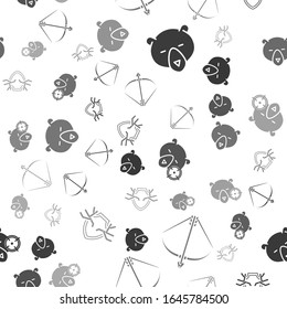 Set Bear head, Bow and arrow in quiver, Hunt on bear with crosshairs and Deer antlers on shield on seamless pattern. Vector