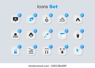 Set Bear head, Clown, Circus ticket, Magician hat, Balloons with ribbon, Ice cream in waffle, tent and wand icon. Vector