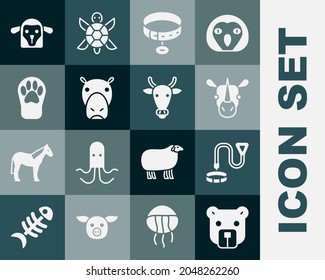Set Bear head, Collar with name tag, Rhinoceros, Hippo or Hippopotamus, Paw print, Sheep and Cow icon. Vector