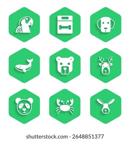 Set Bear head, Crab, Rabbit, Deer with antlers, Cute panda face, Whale, Dog and Macaw parrot icon. Vector