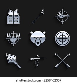 Set Bear head, Gun shooting, Crossed arrows, Target sport for competition, Hipster tip, Hunt moose with crosshairs, duck and Hunting jacket icon. Vector
