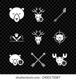 Set Bärenkopf, Jagd auf Hirsch mit Crosshairs, Flammenpfeil, Bär, überkreuzte Pfeile, Elch, Trap-Jagd und Hirschantler Symbol. Vektorgrafik