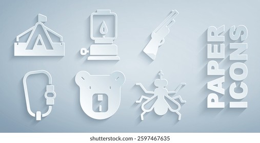 Set Bear head, Hunting gun, Carabiner, Mosquito, Camping lantern and Tourist tent icon. Vector