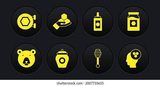 Set Bear head, Jar of honey, Honey dipper stick, Honeycomb and hand, Beekeeper and Hanging sign with honeycomb icon. Vector