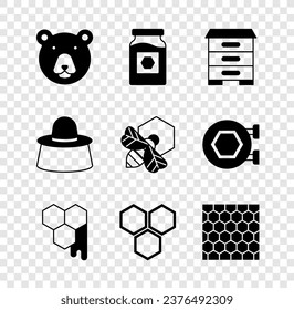 Set Bear head, Jar of honey, Hive for bees, Honeycomb, Beekeeper with protect hat and and honeycomb icon. Vector