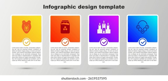 Set Bear head, Jar of honey, Church building and Russian bagels. Business infographic template. Vector