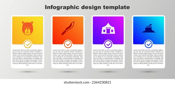 Set Bear head, Machete, Tourist tent and Tree stump. Business infographic template. Vector