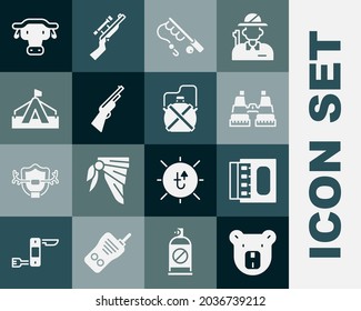 Set Bear head, Matchbox and matches, Binoculars, Fishing rod, Hunting gun, Tourist tent, African buffalo and Canteen water bottle icon. Vector