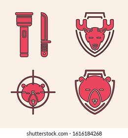 Set Bear head on shield, Flashlight and knife, Moose head on shield and Hunt on bear with crosshairs icon. Vector