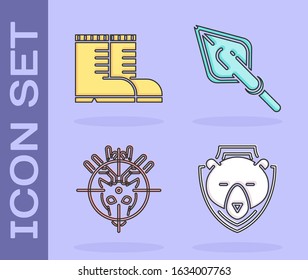 Set Bear head on shield, Hunter boots, Hunt on deer with crosshairs and Hipster arrow tip icon. Vector