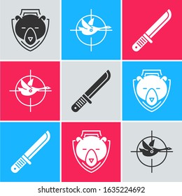 Set Bear head on shield, Hunt on duck with crosshairs and Hunter knife icon. Vector