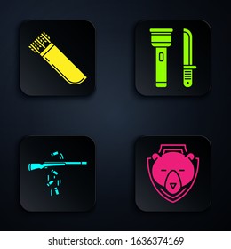 Set Bear head on shield, Quiver with arrows, Gun shooting and Flashlight and knife. Black square button. Vector