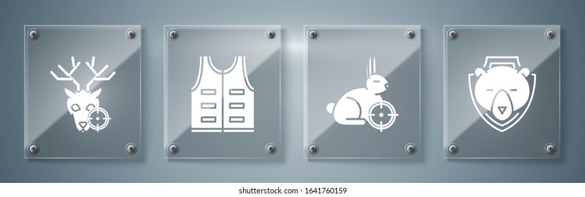 Set Bear head on shield, Hunt on rabbit with crosshairs, Hunting jacket and Hunt on deer with crosshairs. Square glass panels. Vector