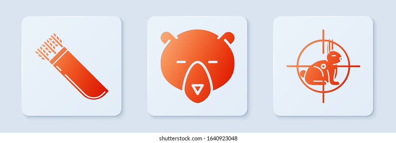 Set Bear head, Quiver with arrows and Hunt on rabbit with crosshairs. White square button. Vector