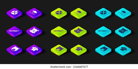Set Bear head, Shirt, Machete, Rhinoceros, African tree and Canteen water bottle icon. Vector