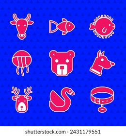 Conjunto Cabeza de oso, Pájaro de cisne, Collar con etiqueta de nombre, Perro, Cornamenta de ciervo, Medusa, Puffer y Vaca icono. Vector