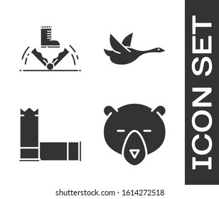Set Bear head, Trap hunting, Cartridges and Flying duck icon. Vector