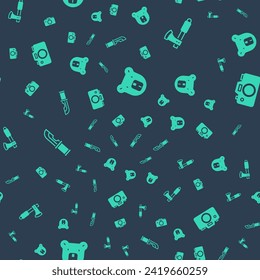 Set Bear head, Wooden axe, Hunter knife and Photo camera on seamless pattern. Vector
