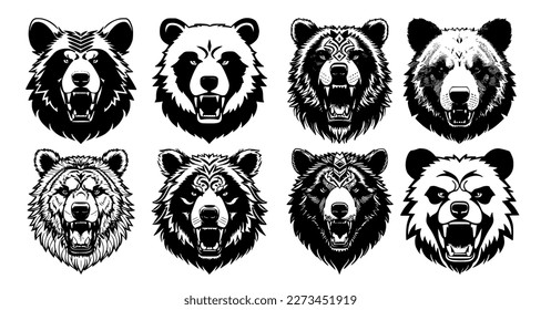Set of bear heads with open mouth and bared fangs, with different angry expressions of the muzzle. Symbols for tattoo, emblem or logo, isolated on a white background.