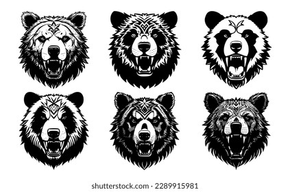 Set of bear heads with open mouth and bared fangs, with different angry expressions of the muzzle. Symbols for tattoo, emblem or logo, isolated on a white background.