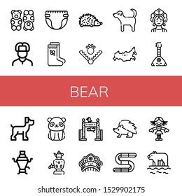 Set of bear icons. Such as Gummy bear, Russian, Diaper, Valenki, Hedgehog, Trap, Dog, Russia, Kokoshnik, Balalaika, Samovar, Panda bear, Zoo, Gummy, Doll, Polar , icons
