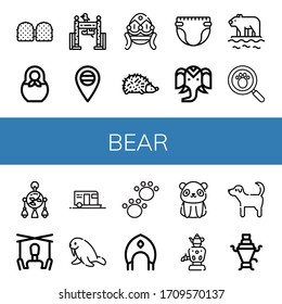 Set of bear icons. Such as Gummy, Matryoshka, Zoo, Russia, Hedgehog, Diaper, Wild life, Polar bear, Paw print, Mobile toy, Puppet, Camping, Walrus, Animal , bear icons