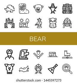 Set of bear icons such as Hedgehog, Zoo, Valenki, Camping, Bear, Samovar, Panda bear, Teddy museum, Faberge, Russian, Dog, Russia, Trap, Kokoshnik, Balalaika, Paw print ,