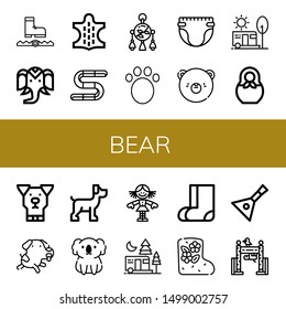 Set of bear icons such as Trap, Wild life, Animal, Gummy, Mobile toy, Diaper, Bear, Camping, Matryoshka, Dog, Koala, Doll, Valenki, Balalaika, Zoo , bear