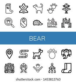 Set of bear icons such as Valenki, Paw print, Animal, Baby, Dog, Hedgehog, Camping, Doll, Zoo, Russia, Teddy bear museum, Gummy, Kokoshnik, Trap, Mobile toy, Wild life , bear