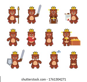 Set of bear king characters showing various actions. Chibi bear king reading book, holding scroll, sword, thinking and showing other actions. Vector illustration