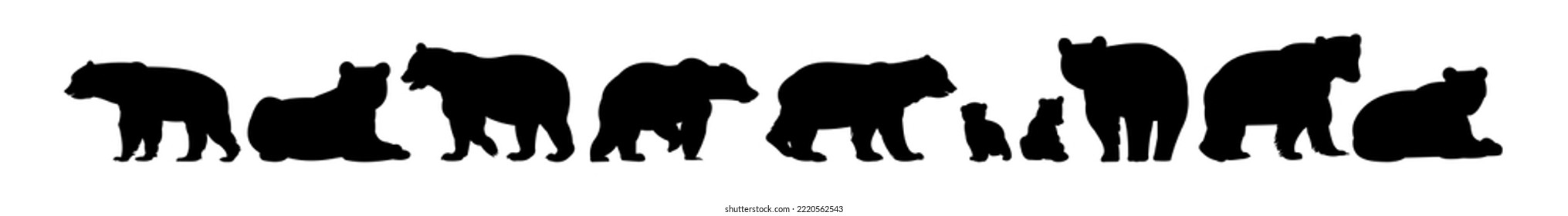 Set of bear male and female with cubs. Wild animals. Silhouette figures. Isolated on white background. Vector. svg