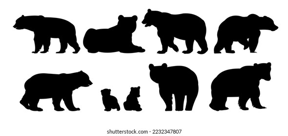 Set of bear male and female with cubs. Wild animals. Silhouette figures. Isolated on white background. Vector.