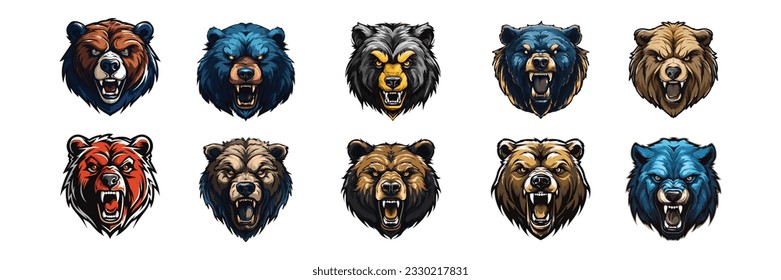 Set of Bear mascot logo, Esports gaming emblem of different variations of Bear, Sports Team emblem, Bear logo collection, Animal Logo set for team, Bear face or head logo, tshirt print design