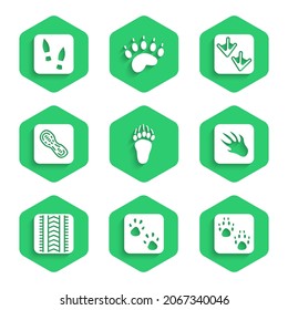 Set Bear paw footprint, Paw, Alligator crocodile, Tire track, Human footprints shoes, Goose and  icon. Vector