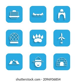 Set Bear paw footprint, Canadian ranger hat, Igloo ice house, Wind turbine, Mountains, Montreal Biosphere, Winter and Stack of pancakes icon. Vector