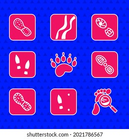 Set Bear paw footprint, Human footprints shoes, Magnifying glass with footsteps,  and  icon. Vector